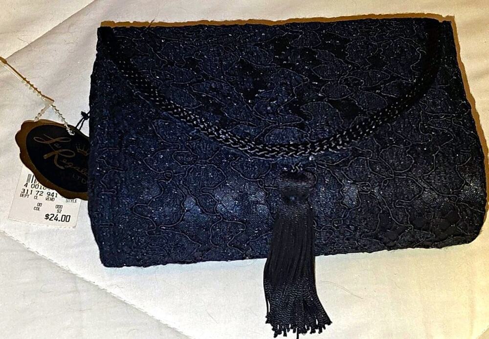NWT Vintage La Regale LTD Black Lace Evening Clutch Bag with Tassel Dead Stock